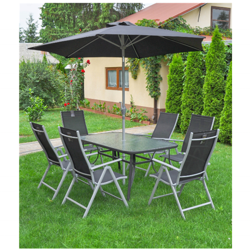 8-piece Black Iron Metal Outdoor Furniture All Weather Garden Patio Leisure Stainless Steel Table Sets with Umbrellas