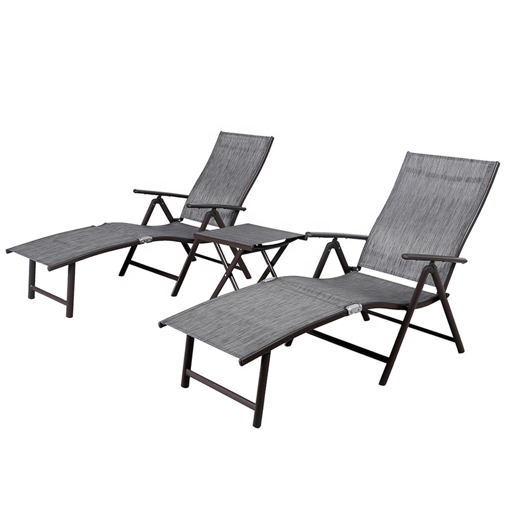 Aluminum Beach Yard Pool Folding Recliner Adjustable Chaise Lounge Sun Loungers Double with Arm Rest and Coffee Table