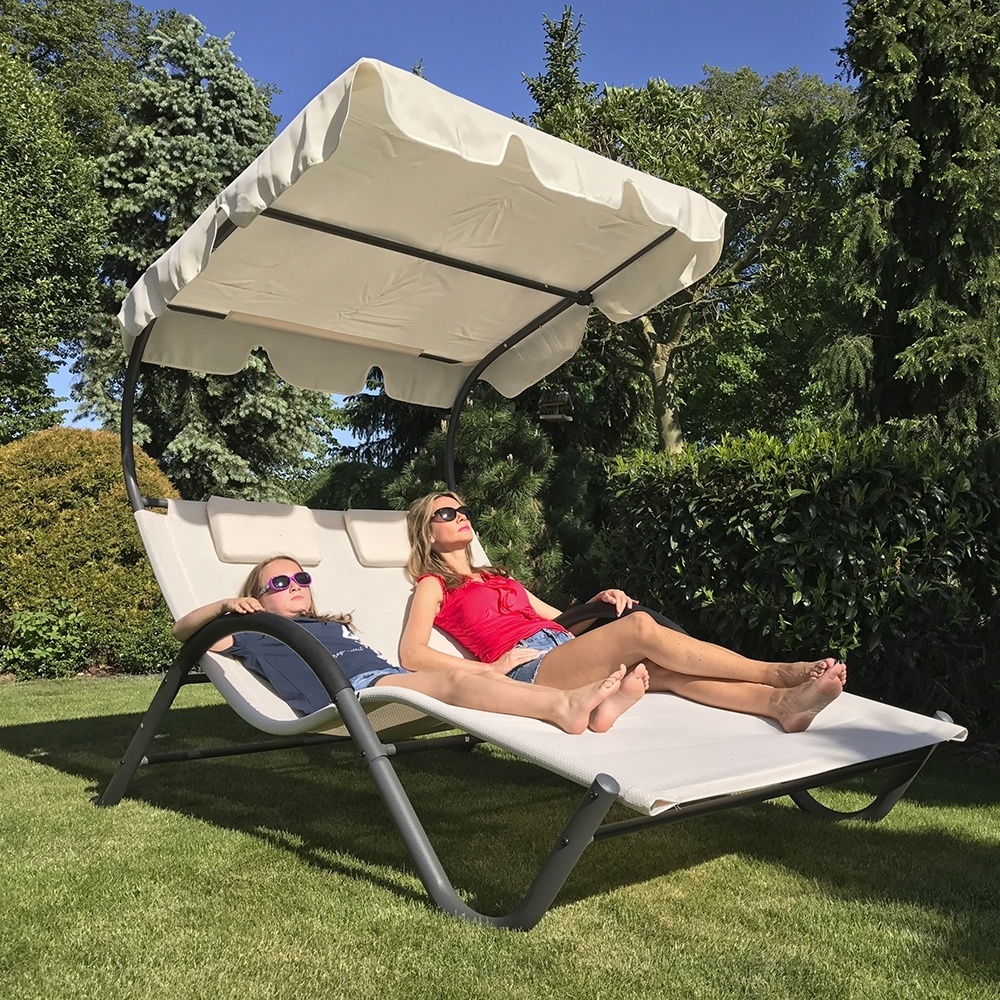 PL303 Double Patio Chaise Lounge Chairs with Canopy and Pillows Sun Bed and Lounger