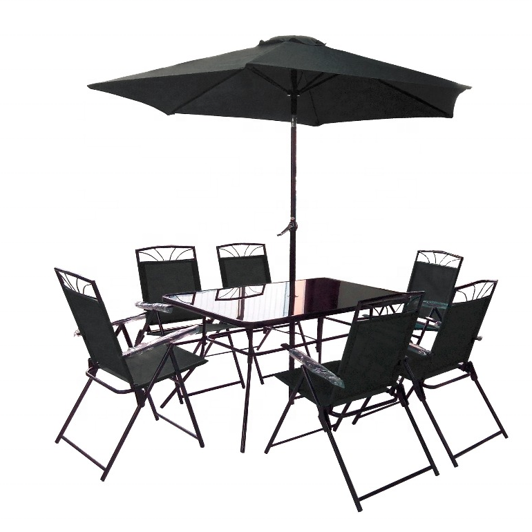 New 8pcs Patio Garden Set Furniture 6 Folding Chairs Rectangle Table with Patio Umbrella Patio Dining Set