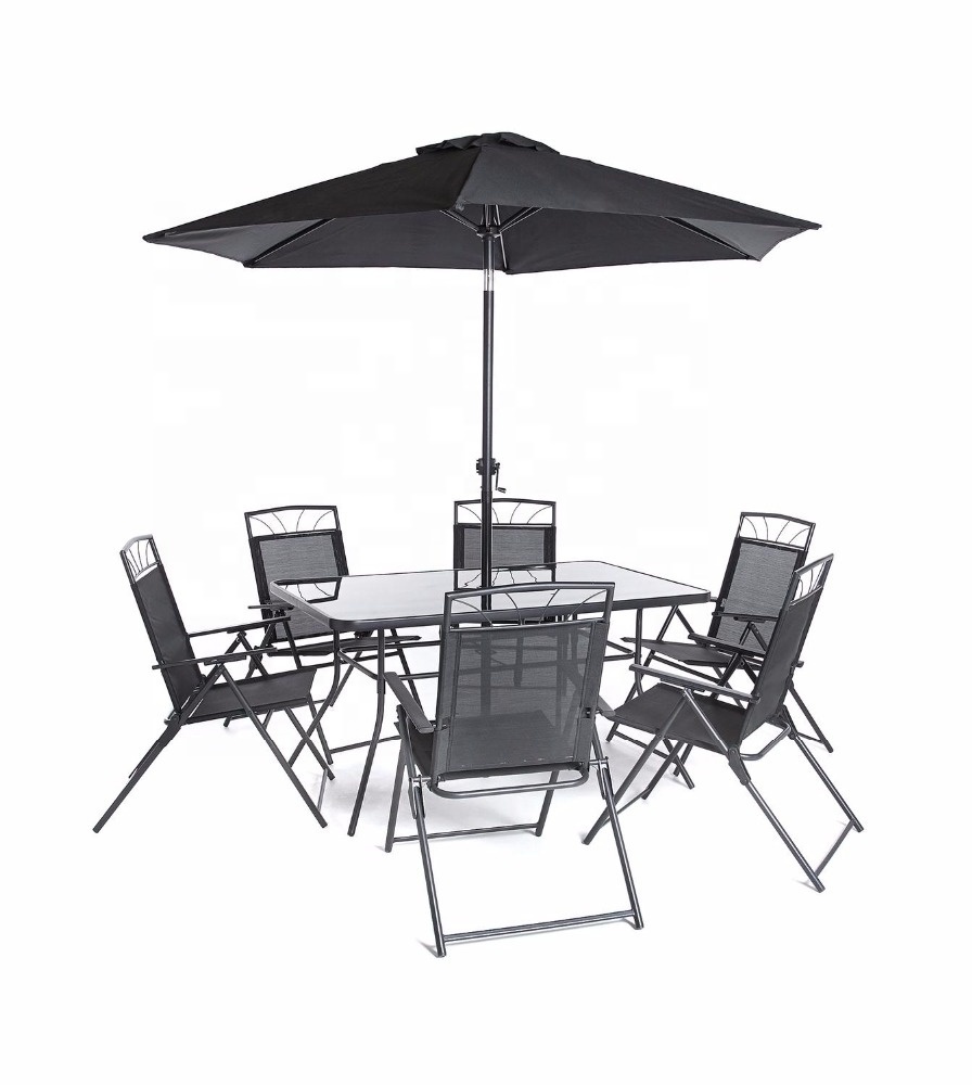 New 8pcs Patio Garden Set Furniture 6 Folding Chairs Rectangle Table with Patio Umbrella Patio Dining Set