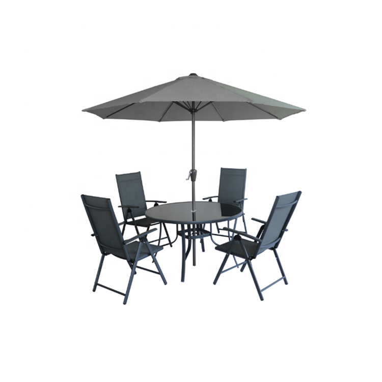 6-piece Patio Set 6pcs Outdoor Sling Dining Furniture Set with 4 Seats Foldable Chair Round Terrace Table Plus Parasol