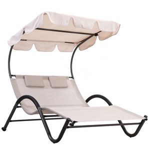 PL303 Double Patio Chaise Lounge Chairs with Canopy and Pillows Sun Bed and Lounger