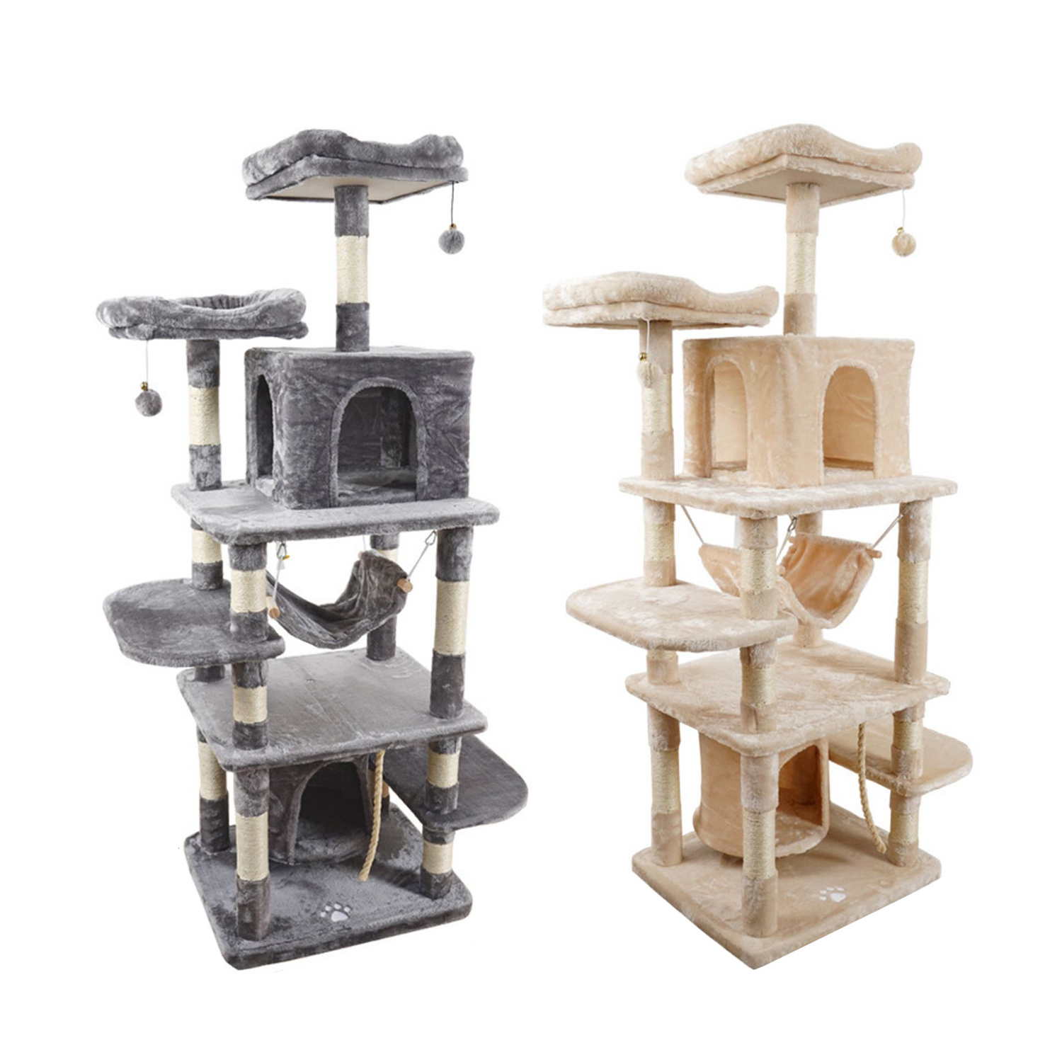 durable multi- level easy assemble wood sisal scratcher post cat climbing frame house condo hammock large cat tree