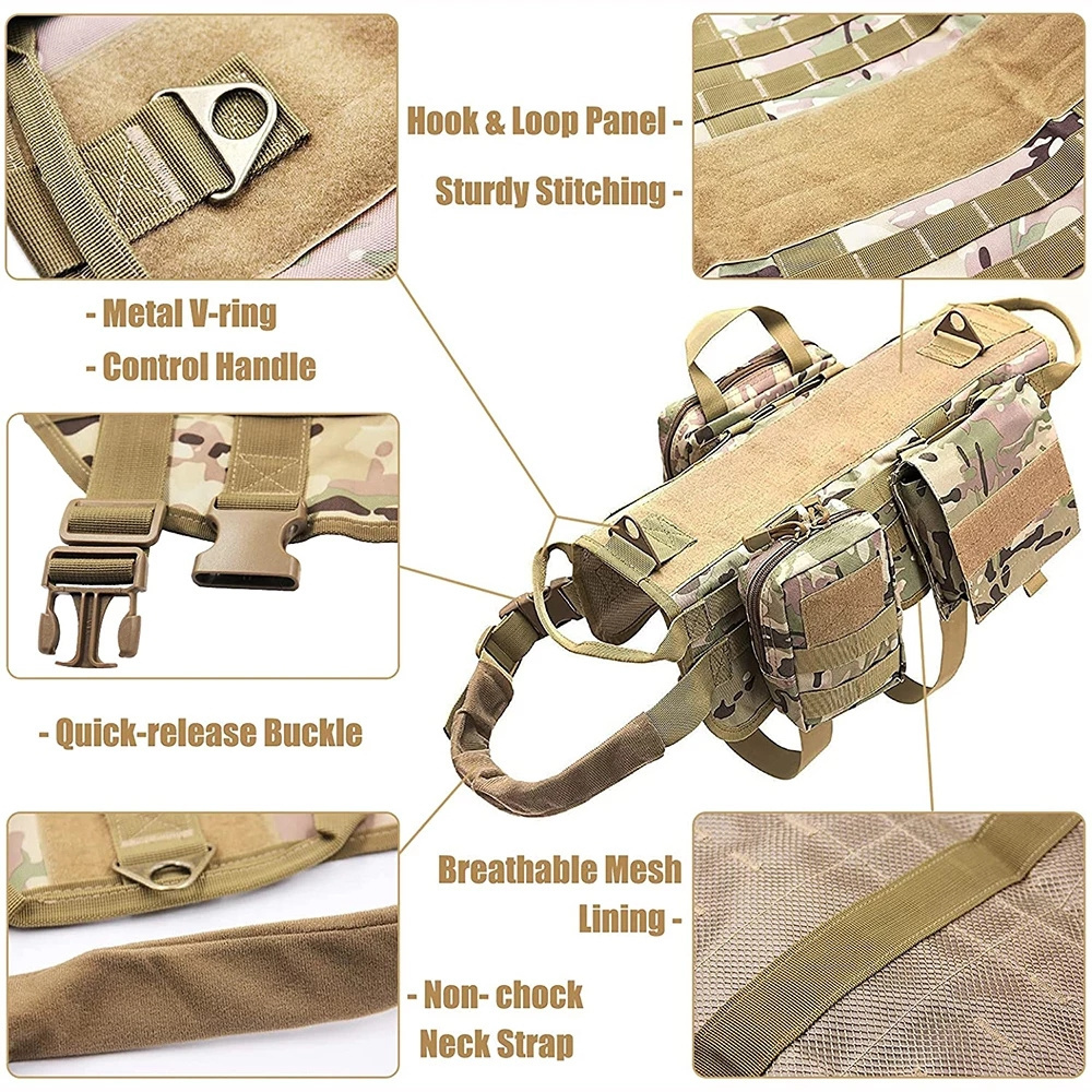 Camouflage dog harness with pockets pet Harness and Leash Set For Dogs durable dog backpack.