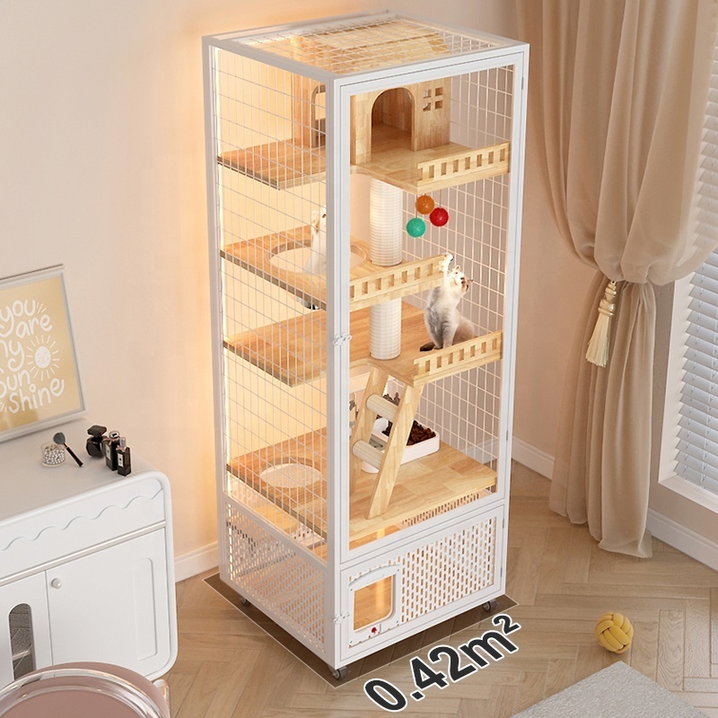 Solid Wood Cat Cottage House  Indoor Cat Cage Home with One Piece Steel Frame Litter Box  Villa Style Pet Cage & House