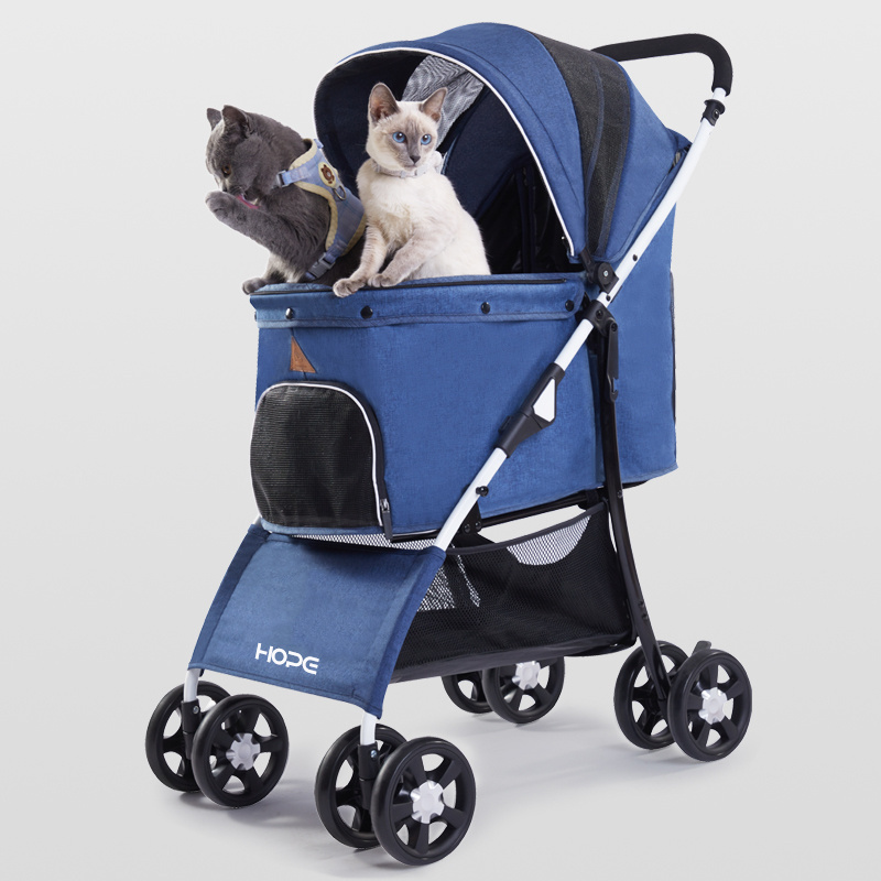 2023 Easy to carry durable dog cage trolley dog stroller luxury 4 wheels pet with storage basket