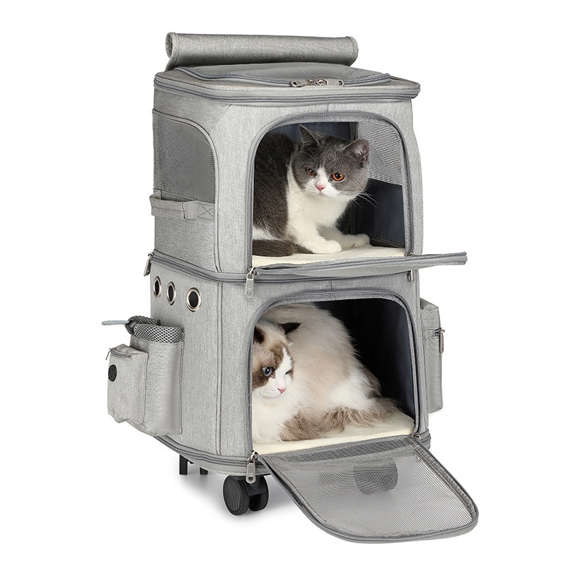 Customized Double Layers Portable Viewable Window Trolley Pet Dog Cat Backpack Luggage Box Carriers With Wheels