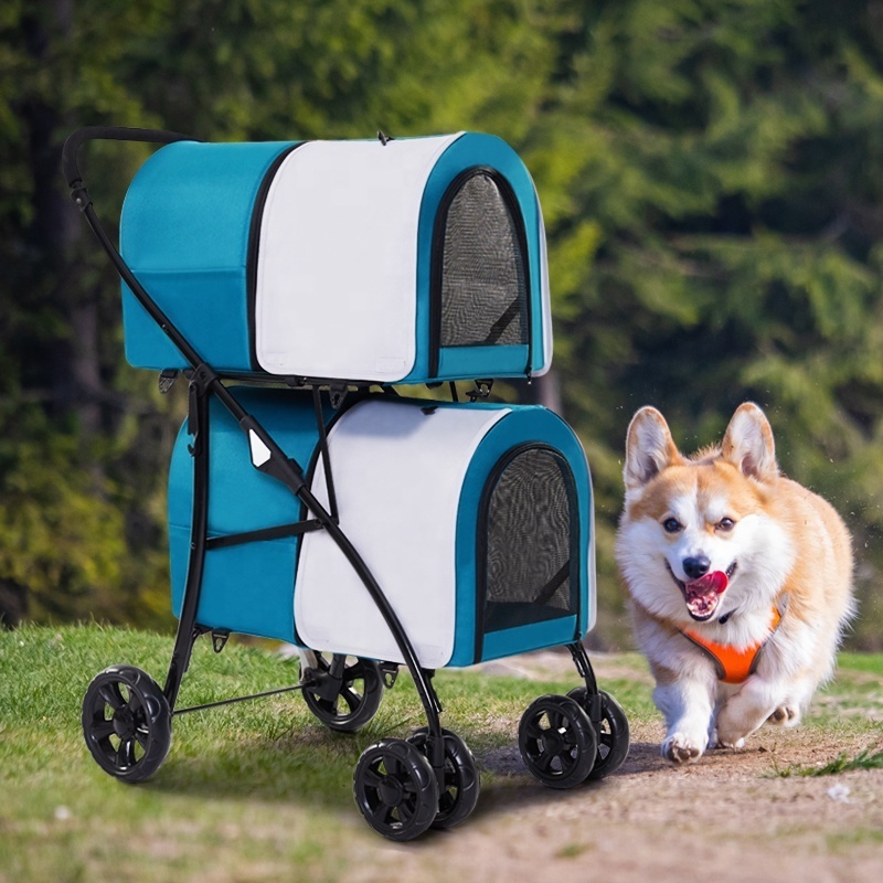 Outdoor Travel Easy Folding  Pet Dog Stroller Twin Pet Stroller 4 Wheels Carrier 3 in 1 Double Dog stroller for Pet Travel