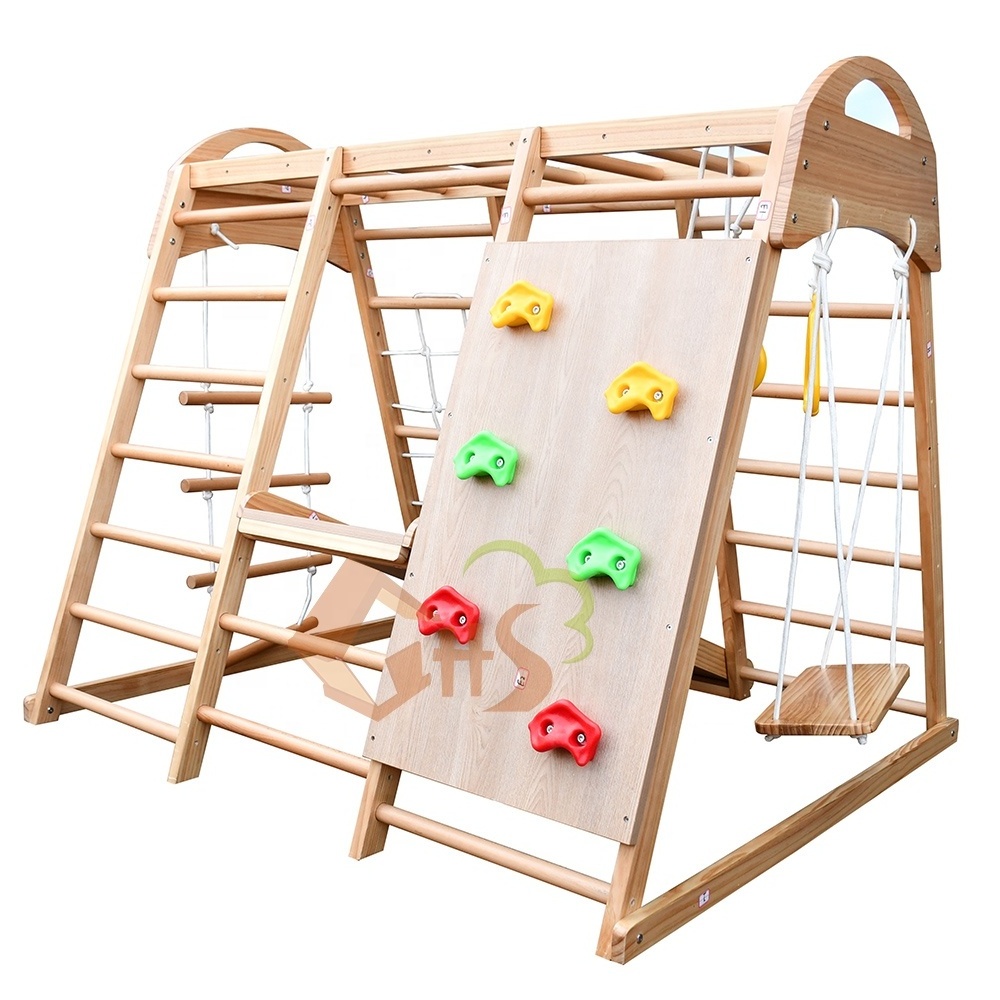 Kids Indoor Toddler Multifunctional Wooden A Climbing Frame Ramp Rope Ladder Swing Slide Style Indoor Kids Gym Set