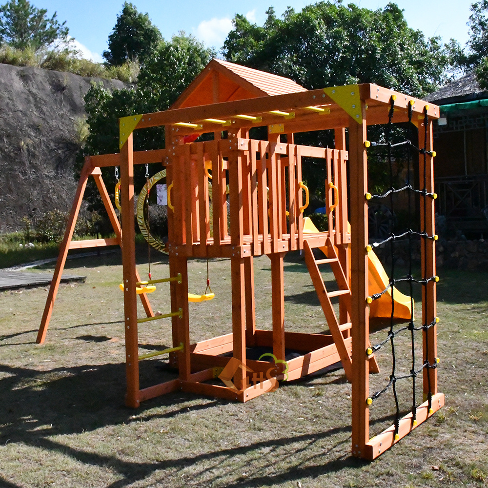 multi-fuctional children climbing frame kids slide and swing set garden wooden outdoor swing playground