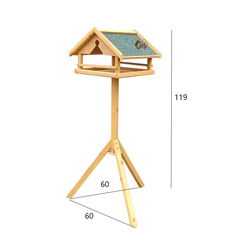 wooden bird table with stand bird feeder with post in yellow and green for backyard garden