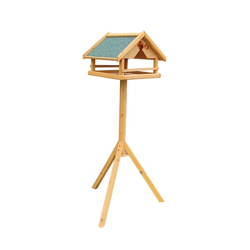 wooden bird table with stand bird feeder with post in yellow and green for backyard garden