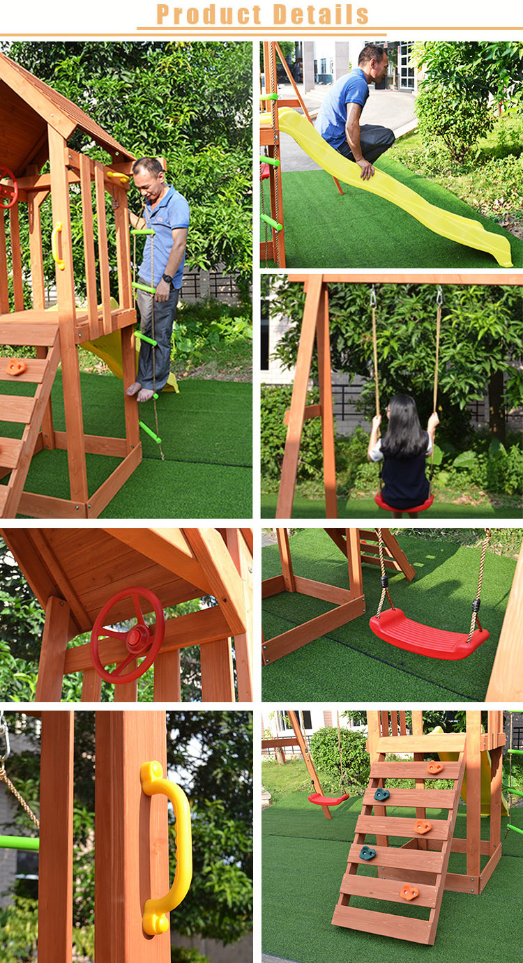 wooden tower slide backyard playground outdoor swing kid swing set playground