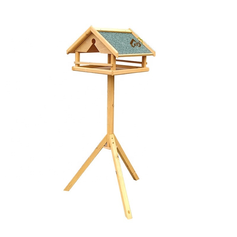 wooden bird table with stand bird feeder with post in yellow and green for backyard garden