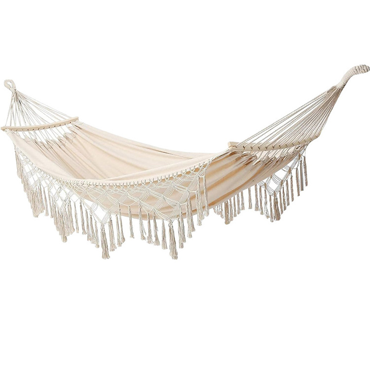 Hanging Boho Hammock Soft Comfortable Fabric Cotton Canvas Hammock Bed with Fringe for Adults Cats Backyard Travel