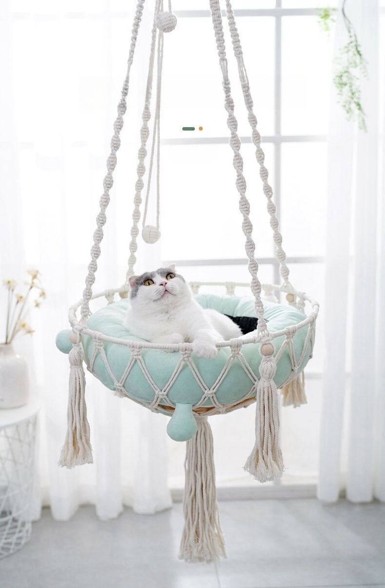 Macrame Hammock Handwoven Boho Cat Swing with Hanging Kit for Indoor Outdoor Home Decor Hang on Wall Bed for Sleeping Playing