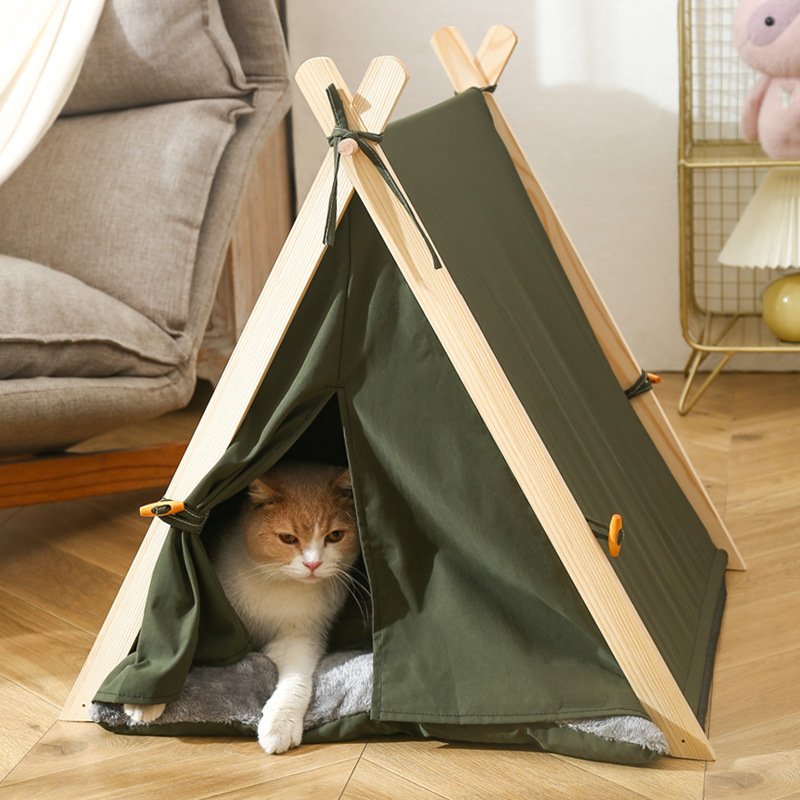 Wood Frame Camping Pet Teepee Tent with Cushion for Dogs and Cats Puppies Tent House with Soft Pad Bed Indoor Outdoor