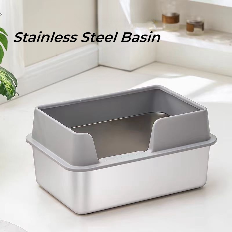 Stainless Steel Cat Litter Box With High Sides Never Absorbs Odor Stains Rusts Non Stick Smooth Surface For Cats and Rabbits