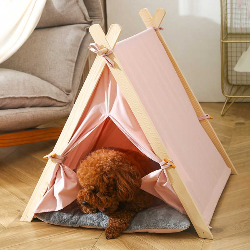 Wood Frame Camping Pet Teepee Tent with Cushion for Dogs and Cats Puppies Tent House with Soft Pad Bed Indoor Outdoor