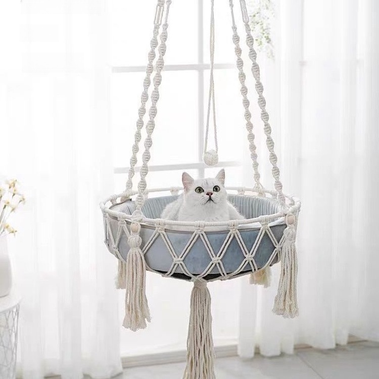 Macrame Hammock Handwoven Boho Cat Swing with Hanging Kit for Indoor Outdoor Home Decor Hang on Wall Bed for Sleeping Playing