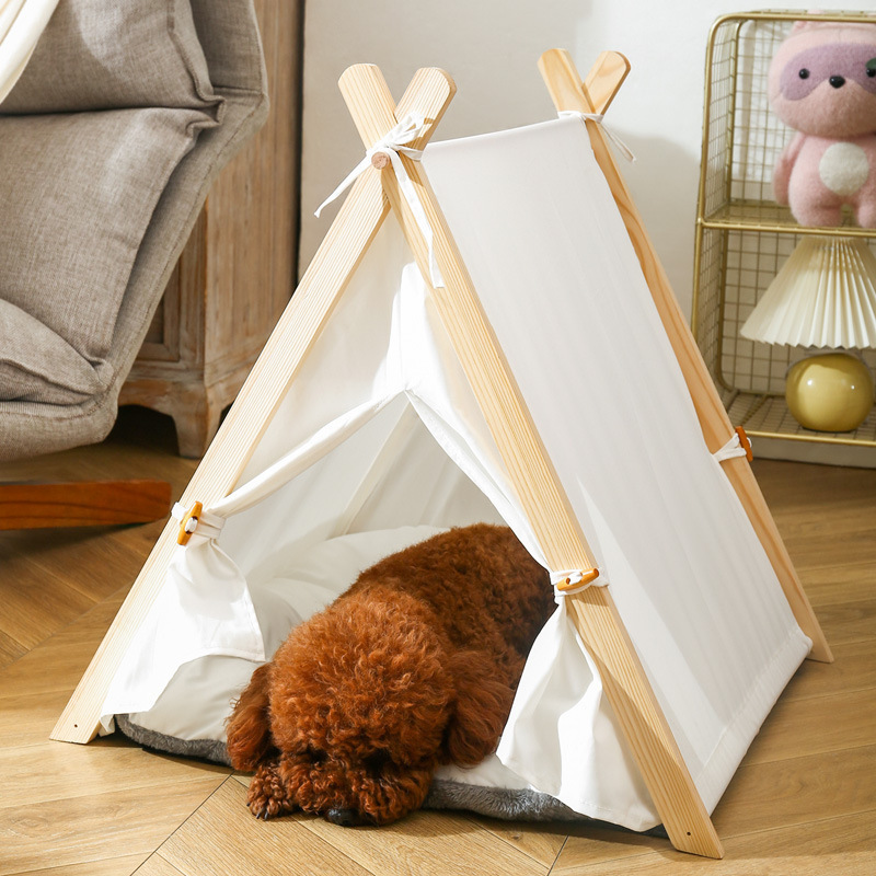 Wood Frame Camping Pet Teepee Tent with Cushion for Dogs and Cats Puppies Tent House with Soft Pad Bed Indoor Outdoor