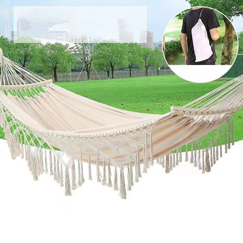 Hanging Boho Hammock Soft Comfortable Fabric Cotton Canvas Hammock Bed with Fringe for Adults Cats Backyard Travel