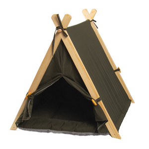 Wood Frame Camping Pet Teepee Tent with Cushion for Dogs and Cats Puppies Tent House with Soft Pad Bed Indoor Outdoor