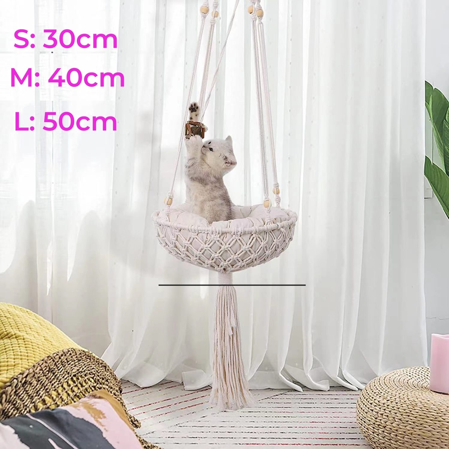 Macrame Hammock Handwoven Boho Cat Swing with Hanging Kit for Indoor Outdoor Home Decor Hang on Wall Bed for Sleeping Playing