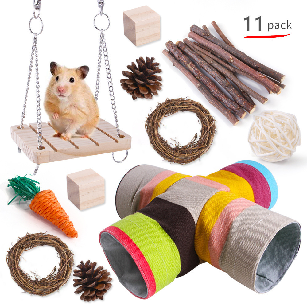 Natural Wooden Hamster Toys Rabbit Hammock Swing Pet Supplies Hamster Chew Toys Set