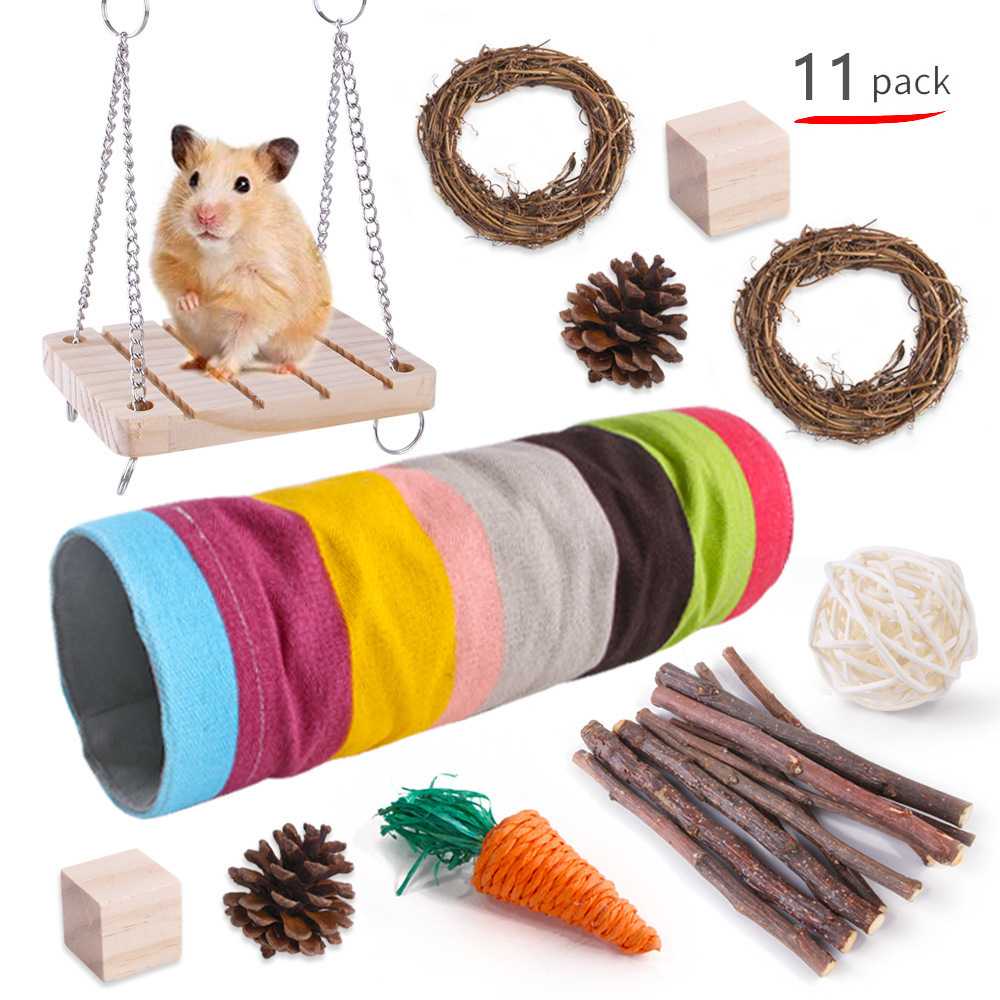 Natural Wooden Hamster Toys Rabbit Hammock Swing Pet Supplies Hamster Chew Toys Set