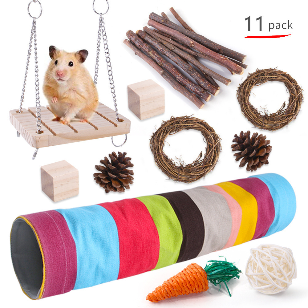 Natural Wooden Hamster Toys Rabbit Hammock Swing Pet Supplies Hamster Chew Toys Set