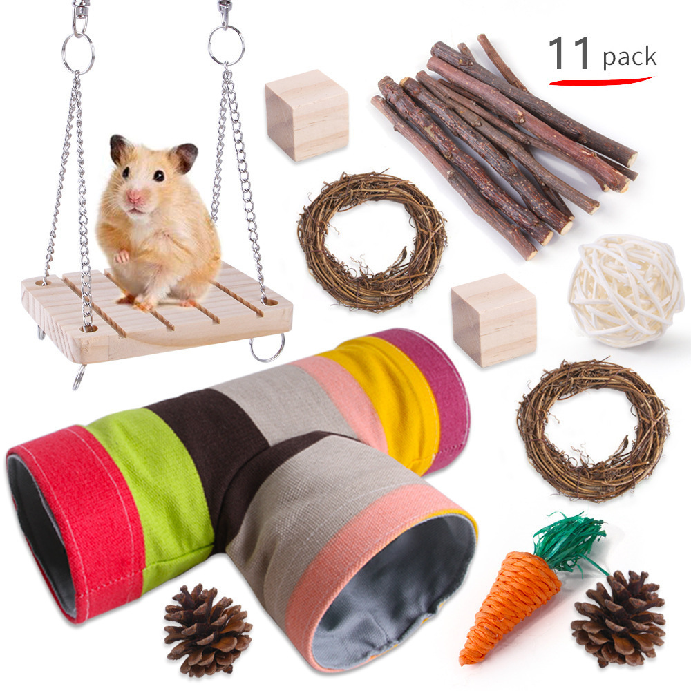 Natural Wooden Hamster Toys Rabbit Hammock Swing Pet Supplies Hamster Chew Toys Set