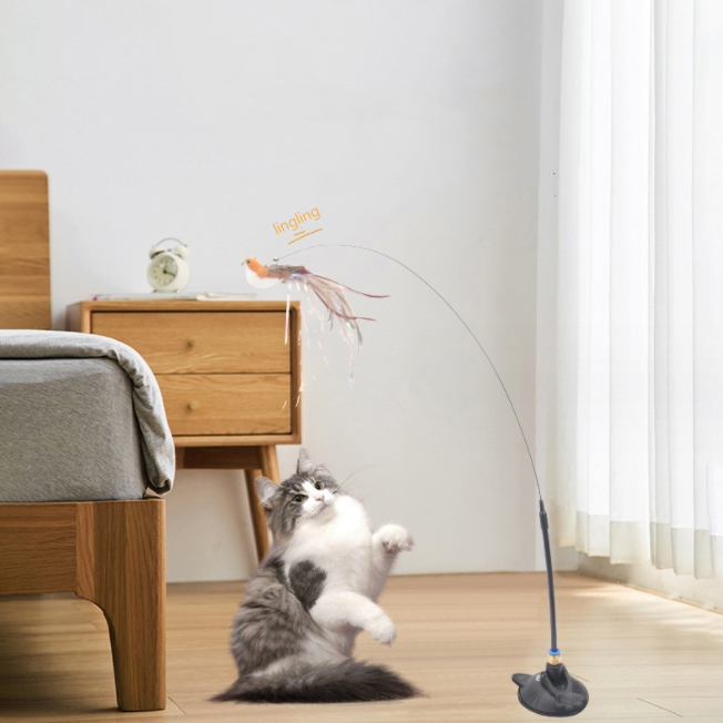 Cat Toy Feather Bird Retractable Wire Long Pole For Cat Teasing Interactive Cat Toys