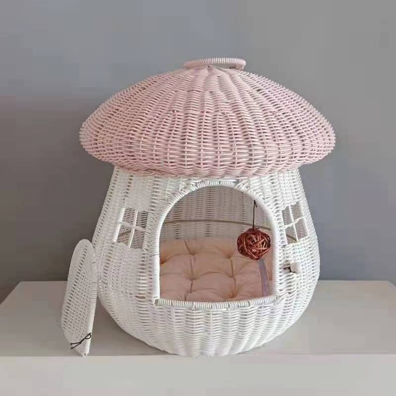 Rattan Nest Cat Cage Cute Mushroom House Cat Cave Bed Luxury Pet Beds