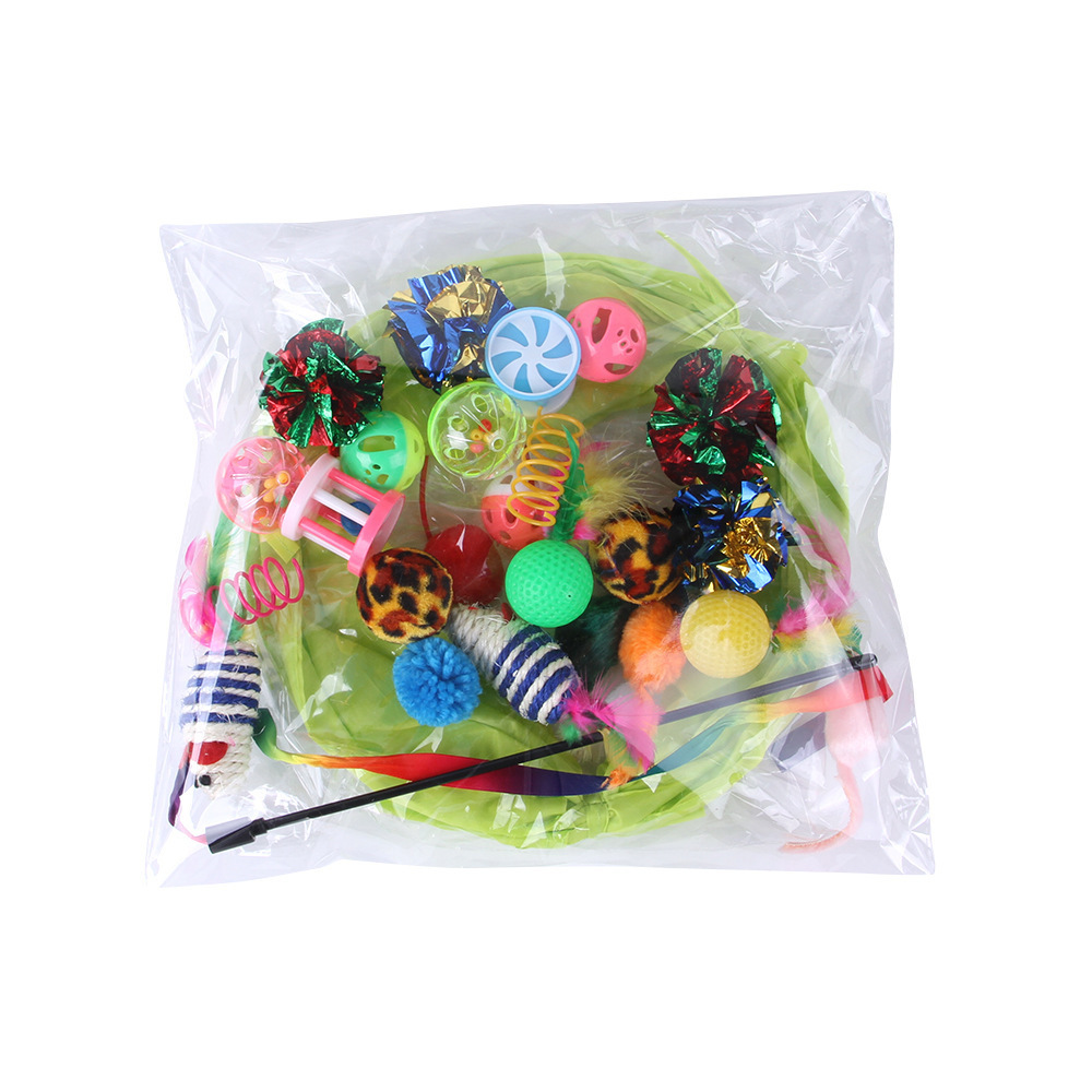 Interactive Cats Toys 24pcs Pack Set Sound Paper Tunnel Teaser Stick Ball Mouse Toy Sets