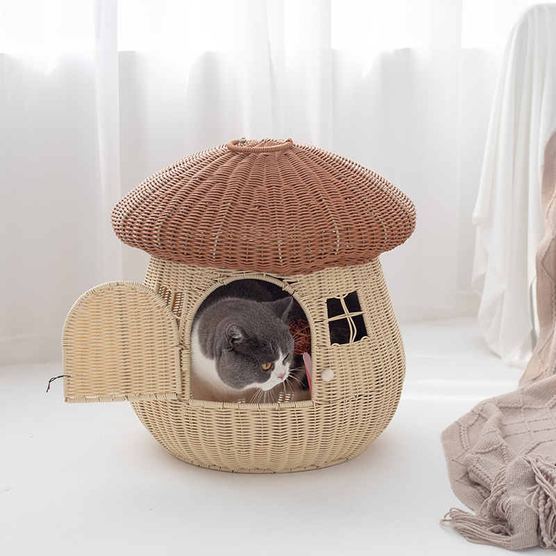 Rattan Nest Cat Cage Cute Mushroom House Cat Cave Bed Luxury Pet Beds