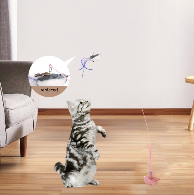 Cat Toy Feather Bird Retractable Wire Long Pole For Cat Teasing Interactive Cat Toys