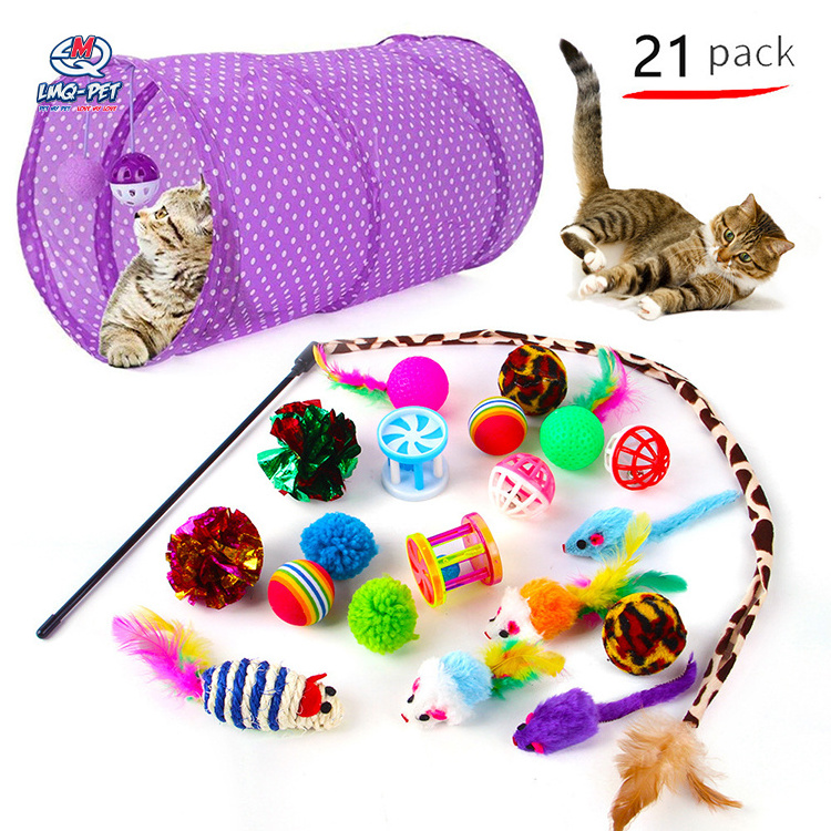 Pet Cat Toy Set Foldable Tunnel and Feather Cat Interactive Cat Toy Set Kitten Toys Pack Fluffy Mouse Crinkle Balls