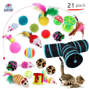 Pet Cat Toy Set Foldable Tunnel and Feather Cat Interactive Cat Toy Set Kitten Toys Pack Fluffy Mouse Crinkle Balls