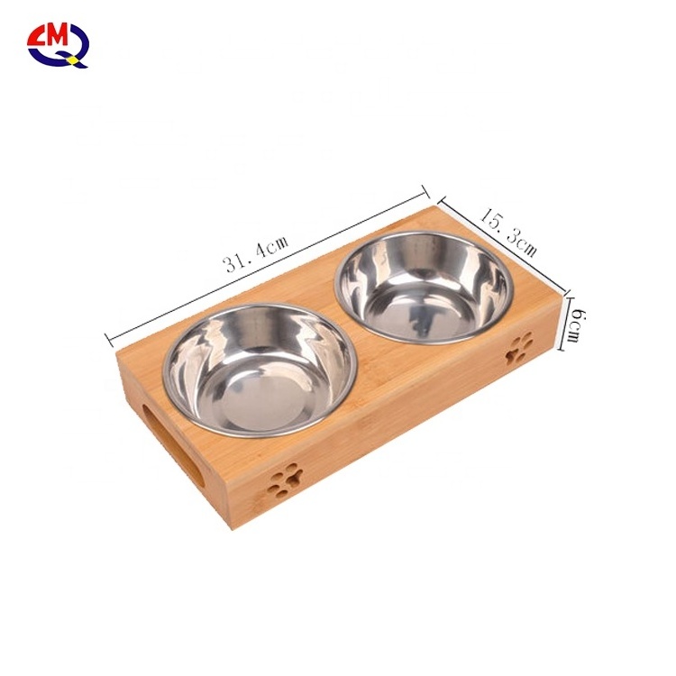 Bamboo wood Dog Cat Pet Feeder Stand With Double Stainless Steel or Ceramic Elevated Bowls