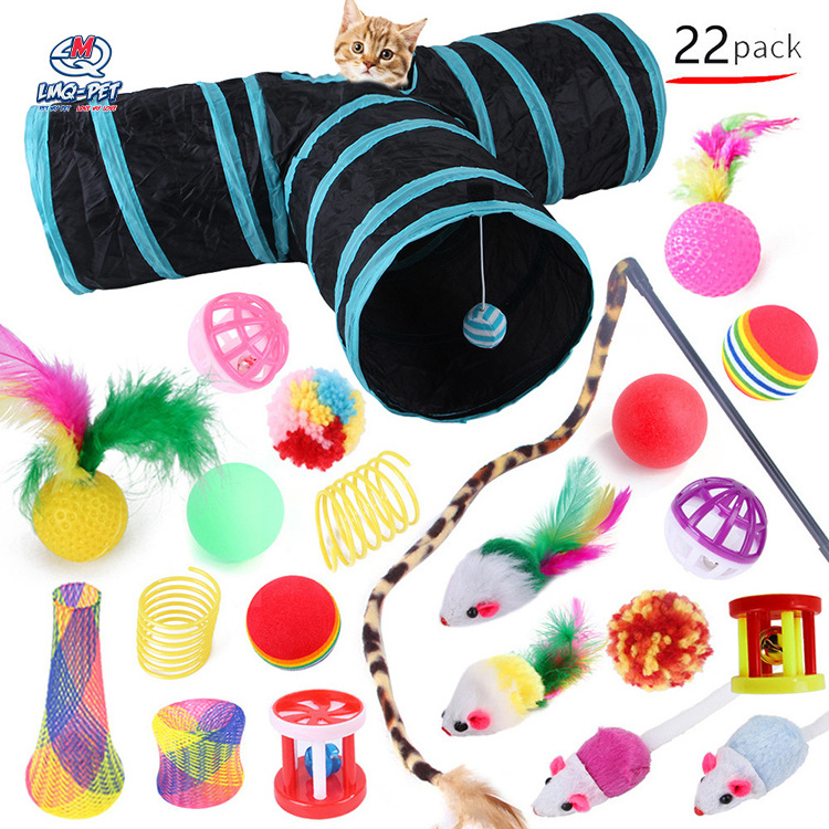 Pet Cat Toy Set Foldable Tunnel and Feather Cat Interactive Cat Toy Set Kitten Toys Pack Fluffy Mouse Crinkle Balls