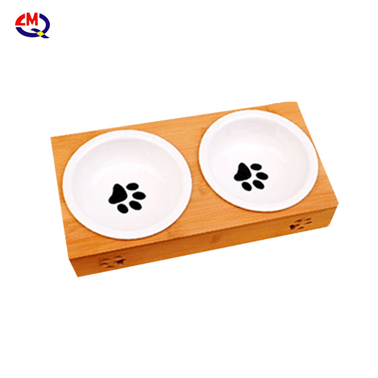 Bamboo wood Dog Cat Pet Feeder Stand With Double Stainless Steel or Ceramic Elevated Bowls