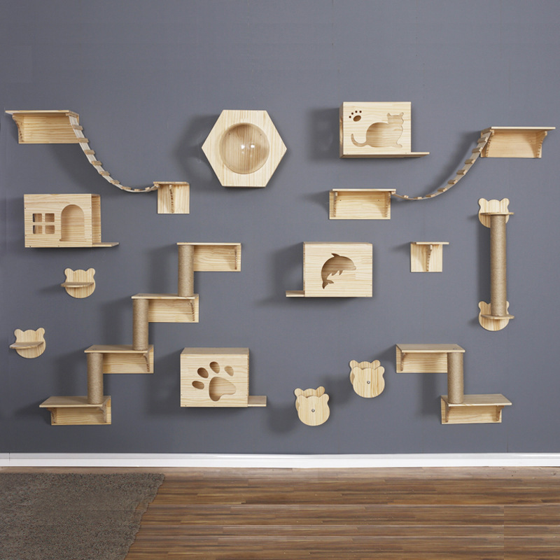 High quality modern natural wood Cat wall Mounted Tree Cat wall Shelves Bridge Steps Cat wall Hammock