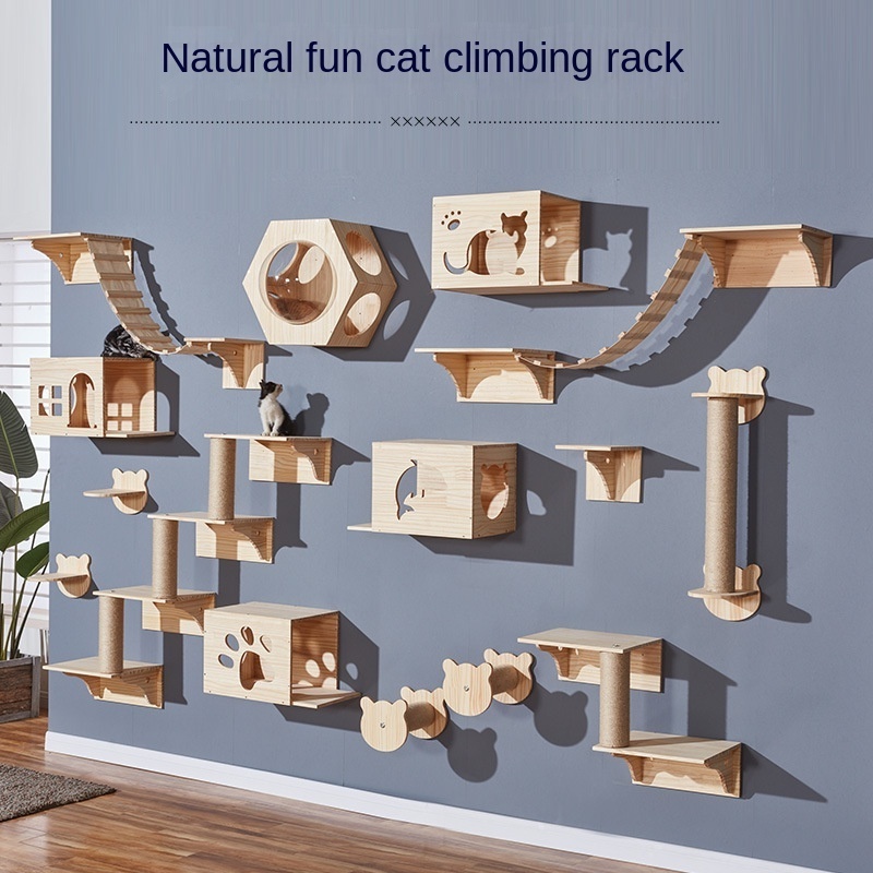 High quality modern natural wood Cat wall Mounted Tree Cat wall Shelves Bridge Steps Cat wall Hammock