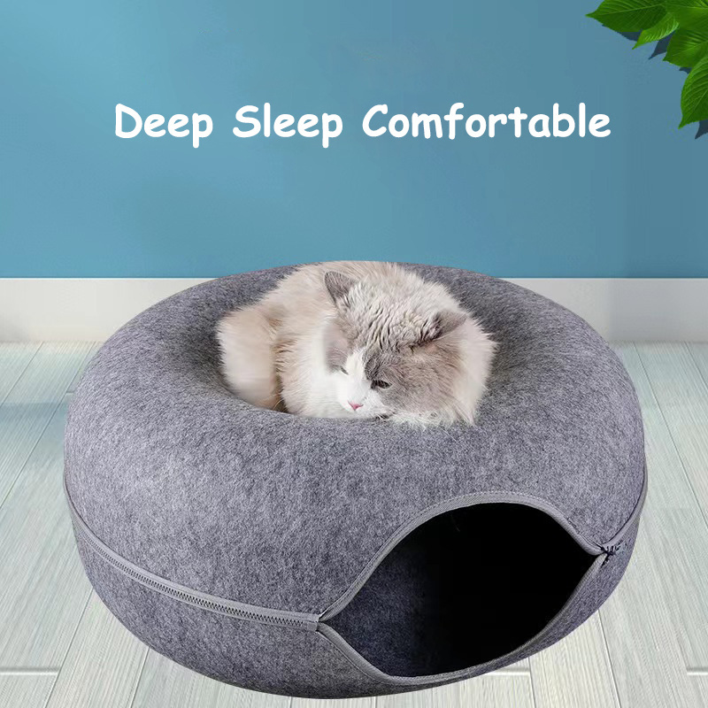 New Black High Quality 2 In 1 Funny Donut Cat Tunnel Pet Bed Sustainable Felt Cat's Nest Donut Tunnel Openings