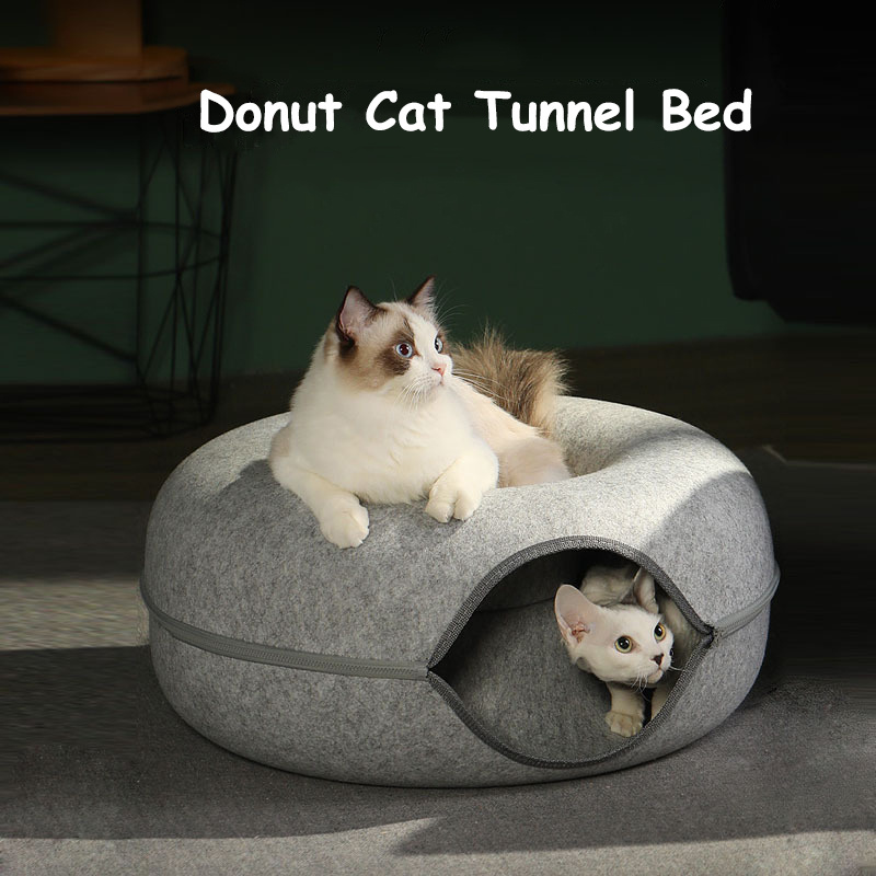 New Black High Quality 2 In 1 Funny Donut Cat Tunnel Pet Bed Sustainable Felt Cat's Nest Donut Tunnel Openings