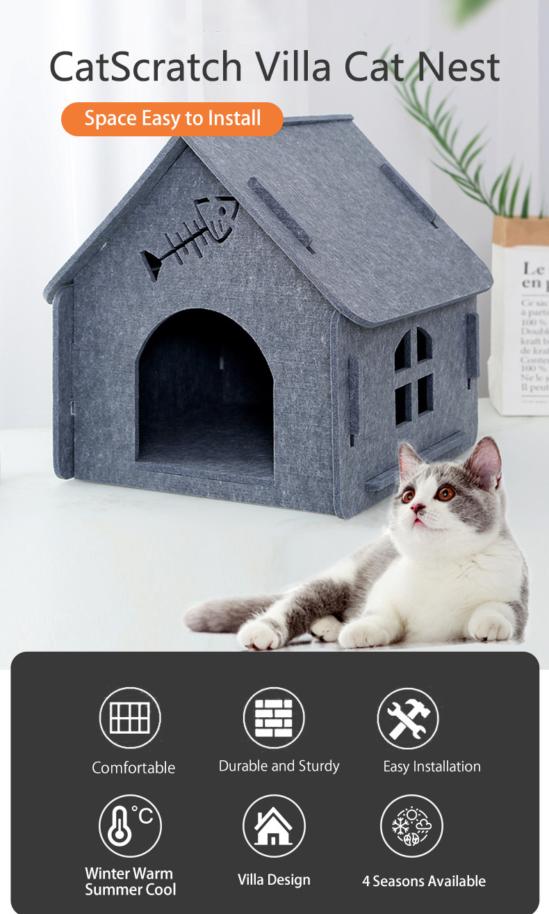 Indoor houses grey felt pet cave nest bed villa luxury cat house