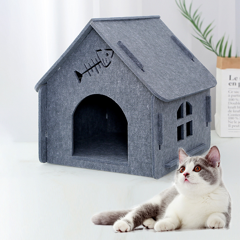 Indoor houses grey felt pet cave nest bed villa luxury cat house