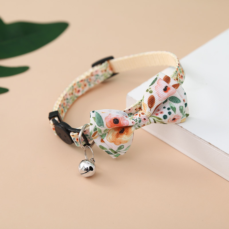 Pet Accessories Custom Designer Printed Flower Breakaway Cat Adjustable Collar Nylon Dog Collar with Bowtie for Catand Bell